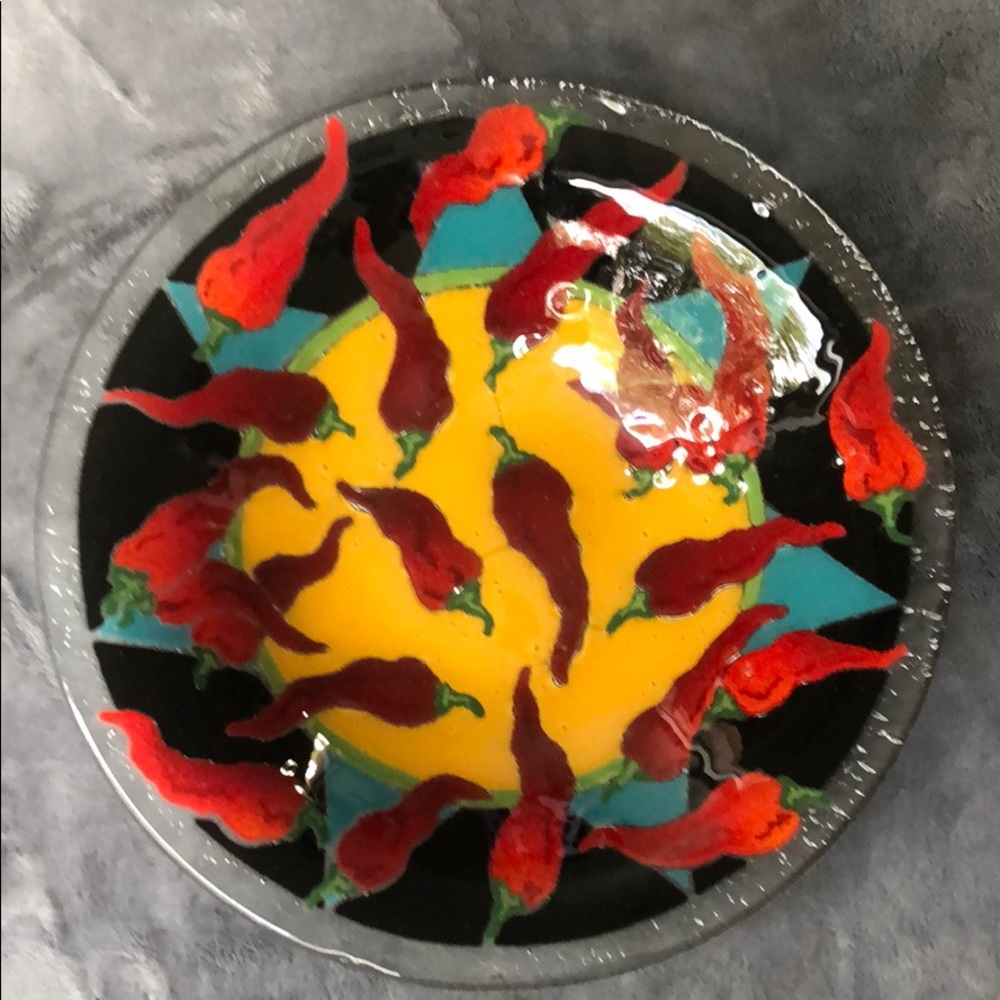 Peggy Karr Glass 10.75” red chili peppers bowl